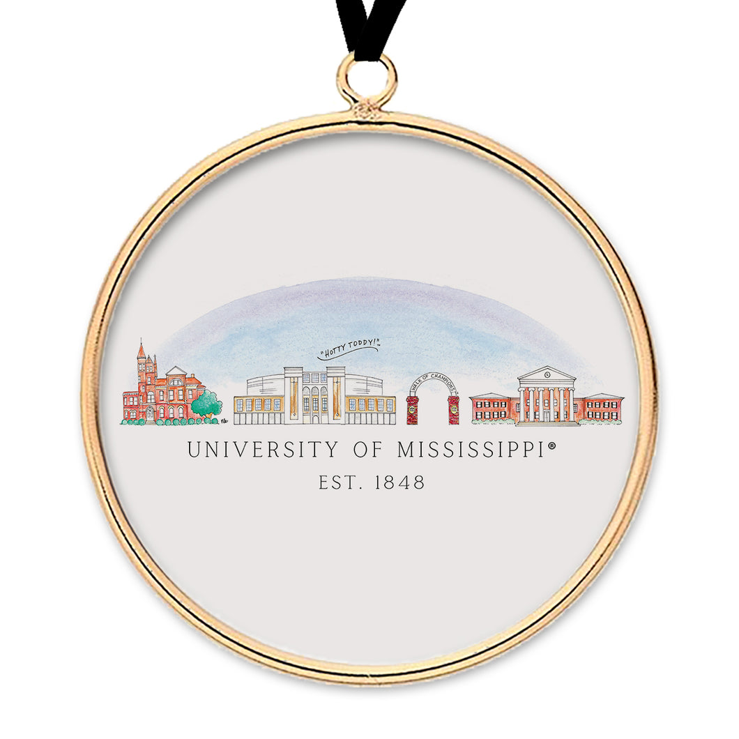 Ole Miss Skyline Brass & Glass Ornament