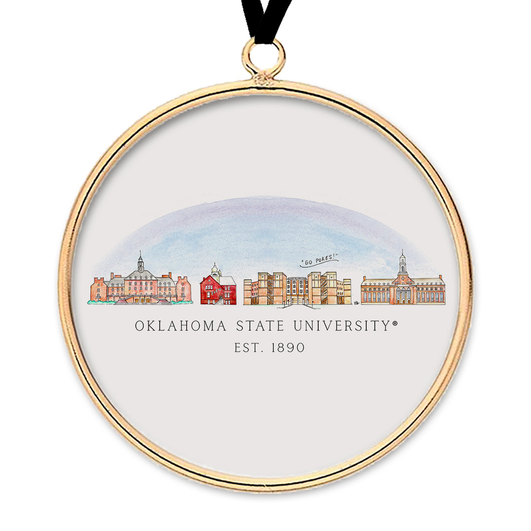 Oklahoma State Skyline Brass & Glass Ornament