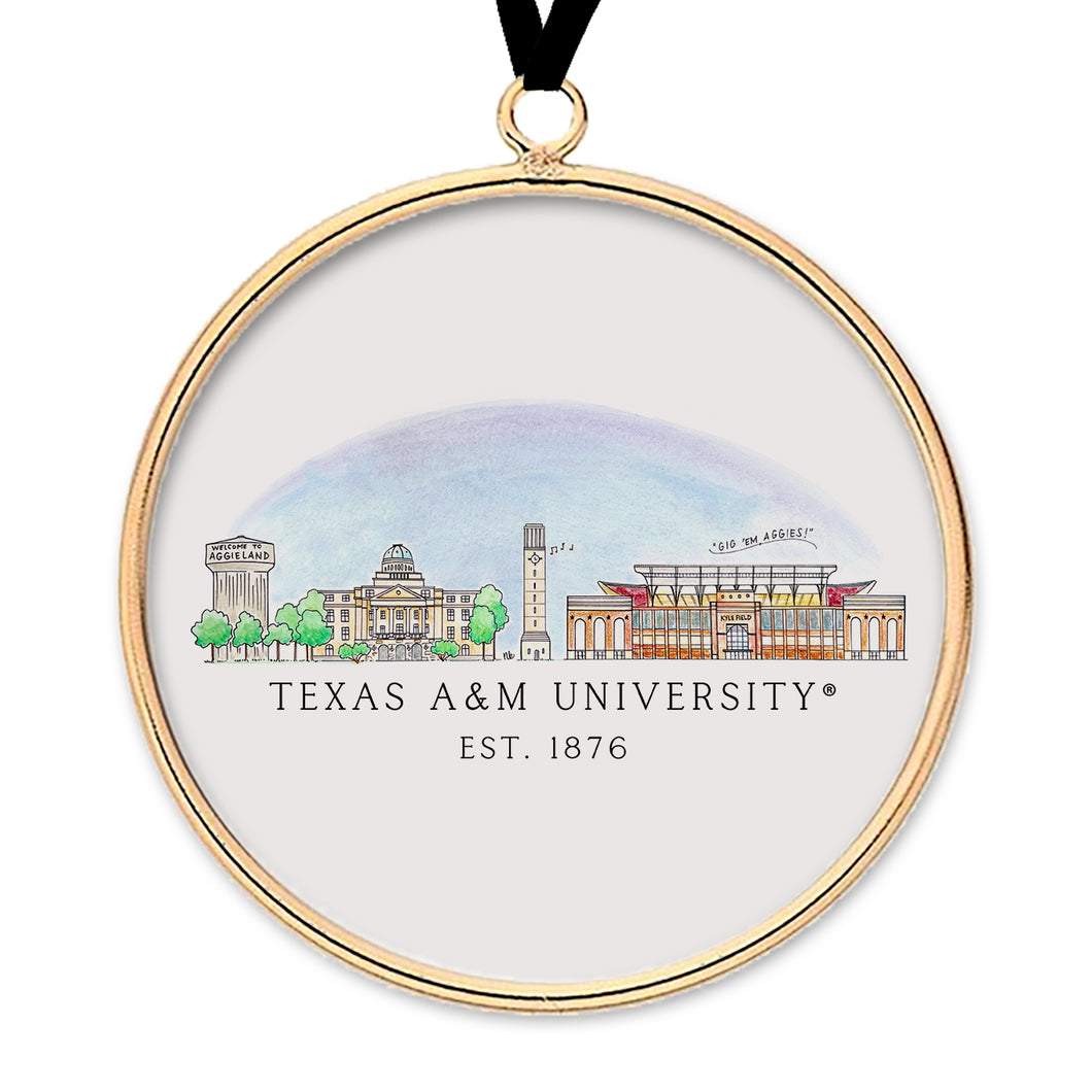 Texas A&M Skyline Brass & Glass Ornament