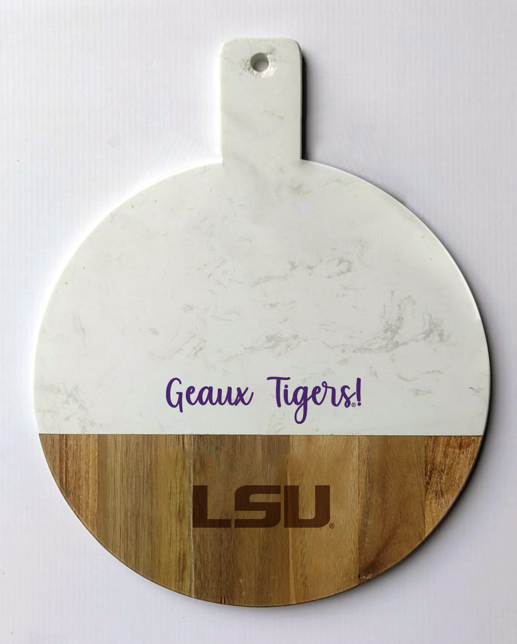 LSU Spirit Marble and Wood Charcuterie Board
